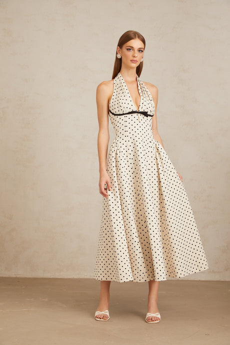 Aurohaya Estelle White Polka Dot Midi Dress