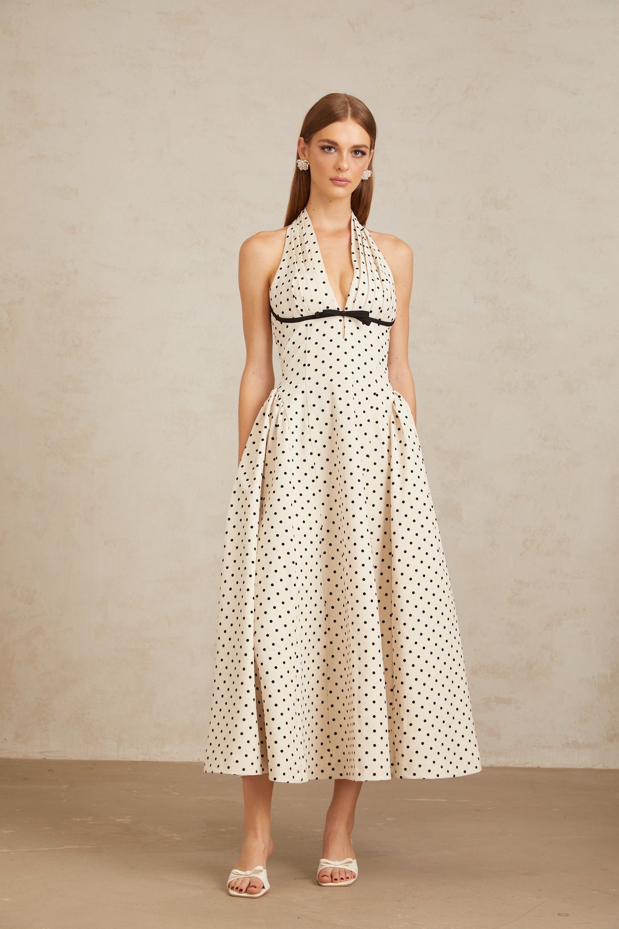 Aurohaya Estelle White Polka Dot Midi Dress