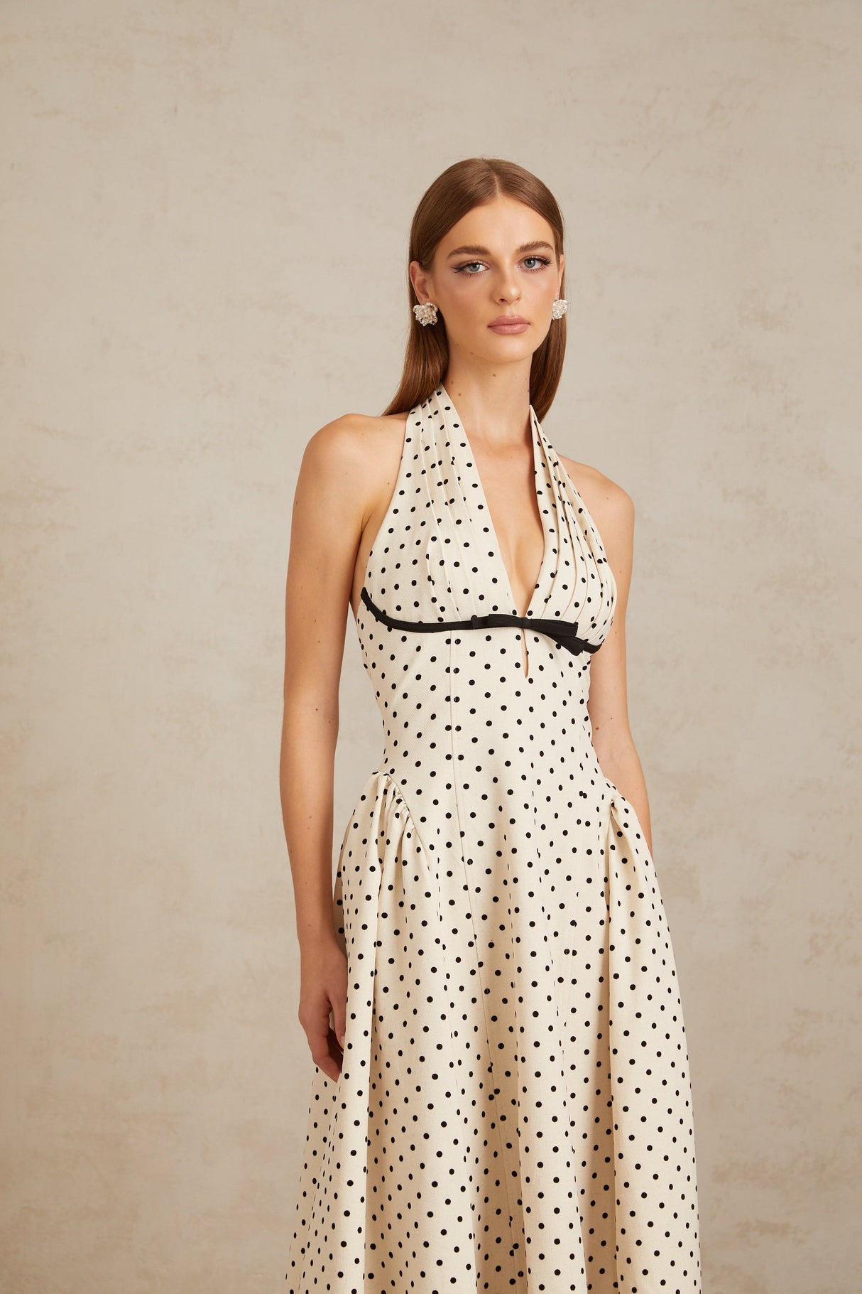 Aurohaya Estelle White Polka Dot Midi Dress