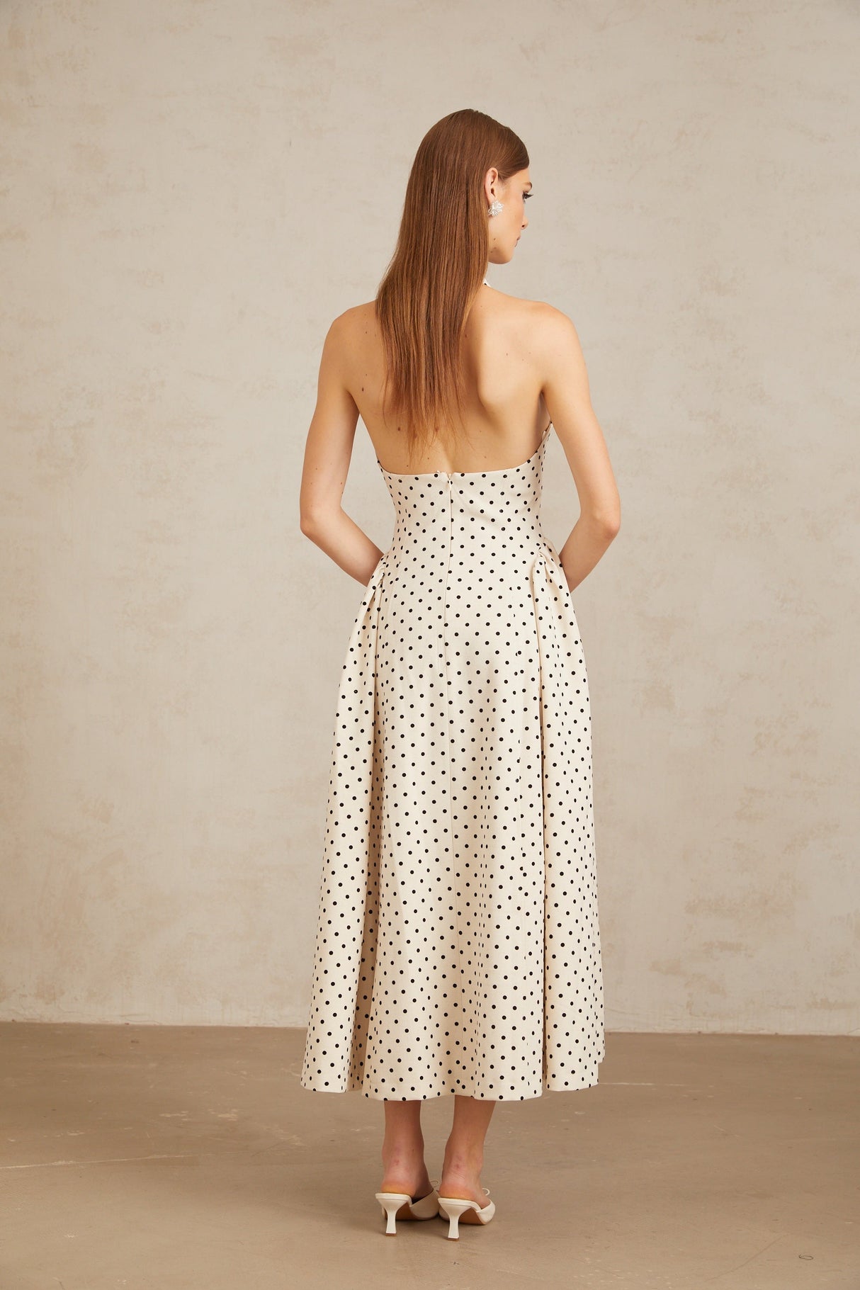 Aurohaya Estelle White Polka Dot Midi Dress