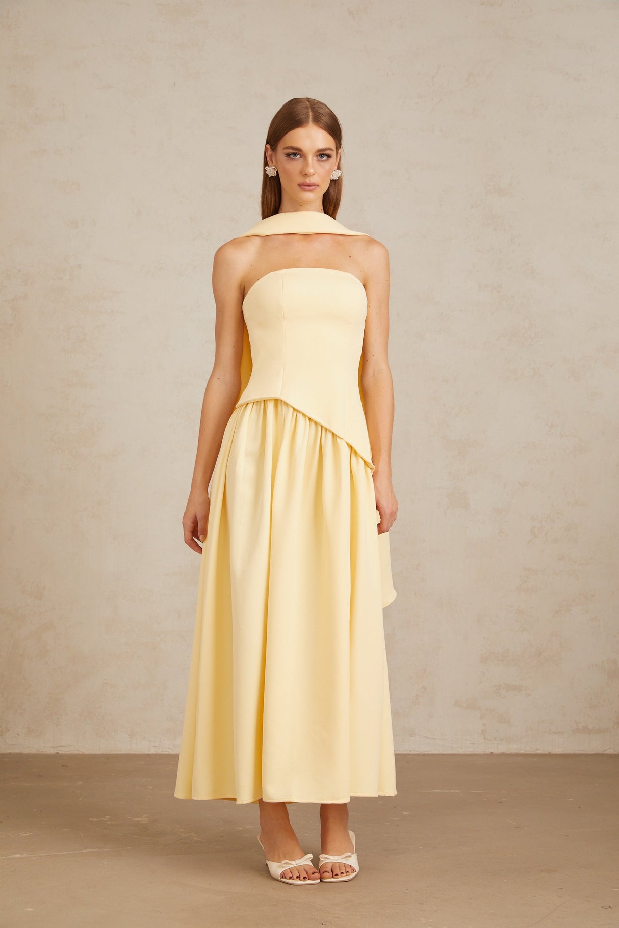 Aurohaya Sidonie Yellow Off-Shoulder Panel Maxi Gown