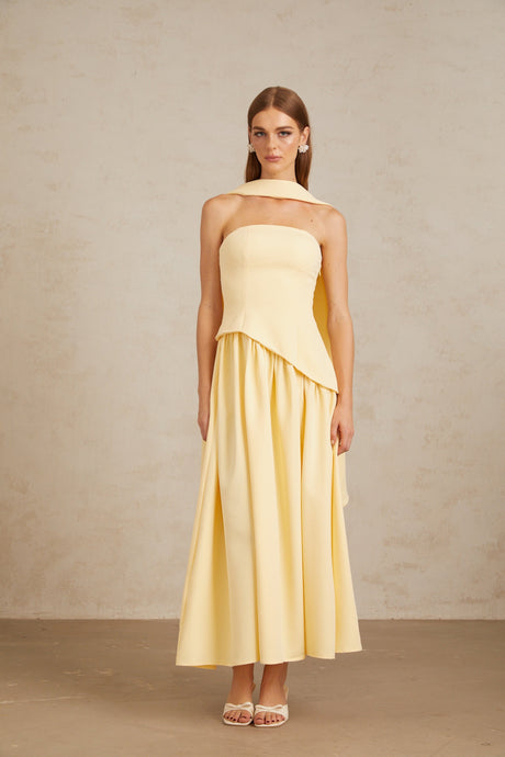 Aurohaya Sidonie Yellow Off-Shoulder Panel Maxi Gown