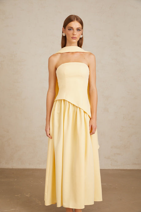 Aurohaya Sidonie Yellow Off-Shoulder Panel Maxi Gown