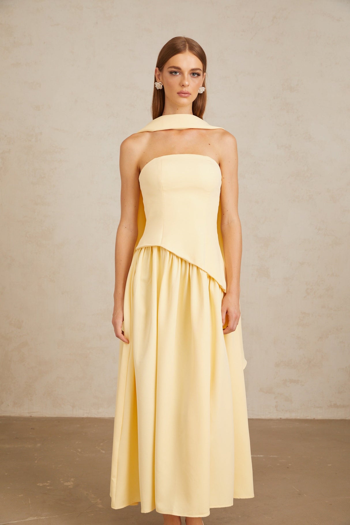 Aurohaya Sidonie Yellow Off-Shoulder Panel Maxi Gown