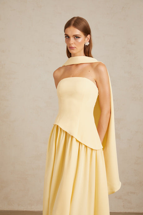 Aurohaya Sidonie Yellow Off-Shoulder Panel Maxi Gown