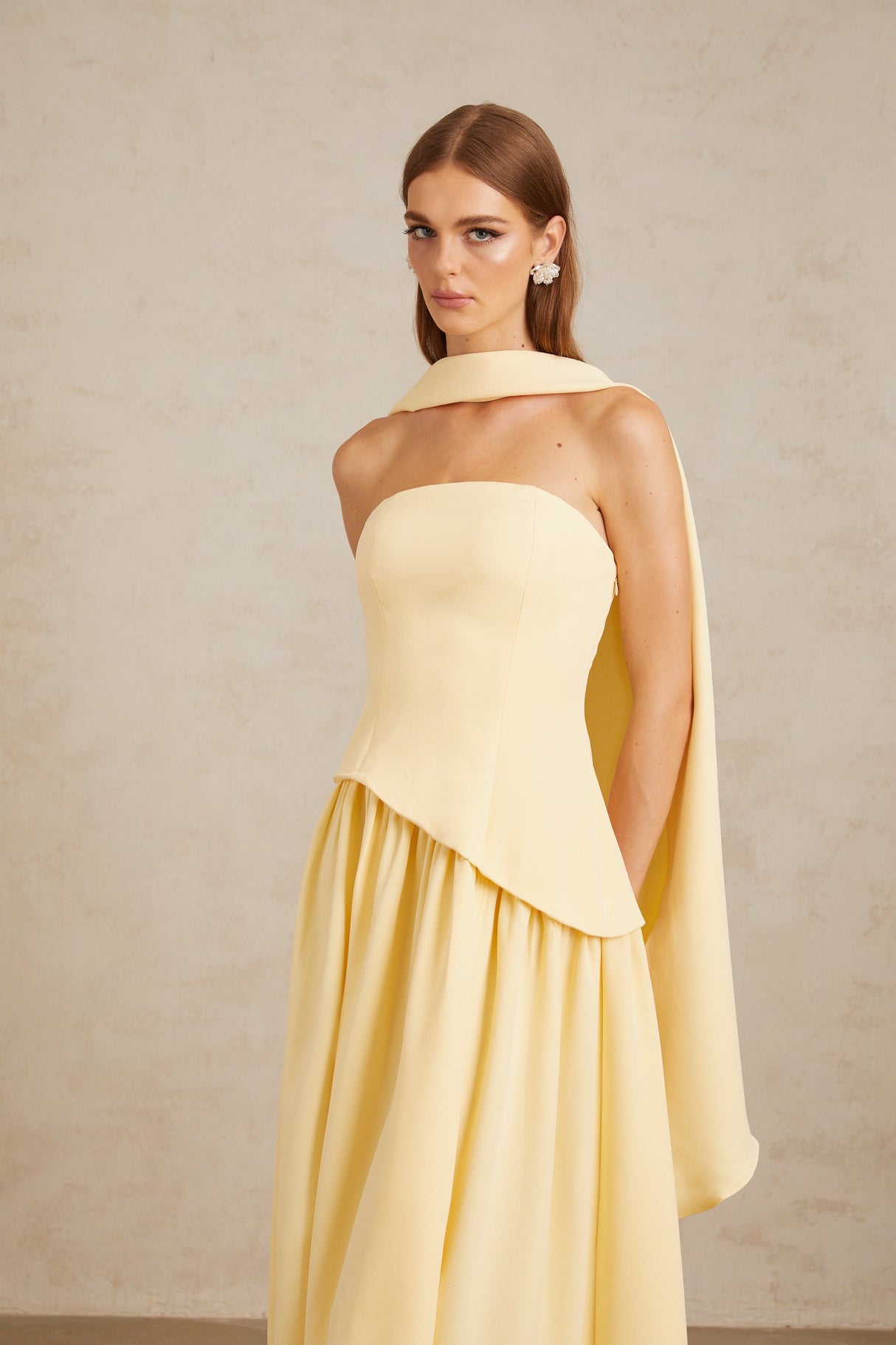 Aurohaya Sidonie Yellow Off-Shoulder Panel Maxi Gown