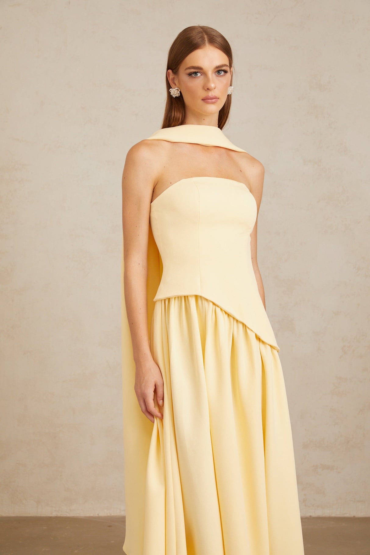 Aurohaya Sidonie Yellow Off-Shoulder Panel Maxi Gown