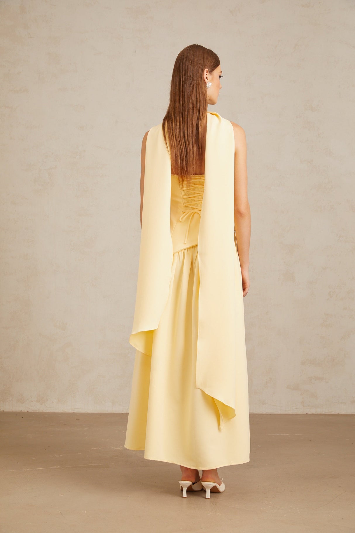 Aurohaya Sidonie Yellow Off-Shoulder Panel Maxi Gown