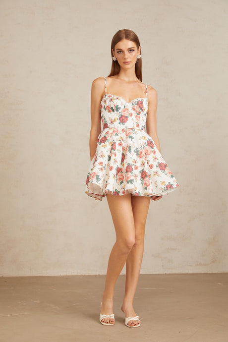 Aurohaya Airelle White Flounced Rose Print Mini Dress