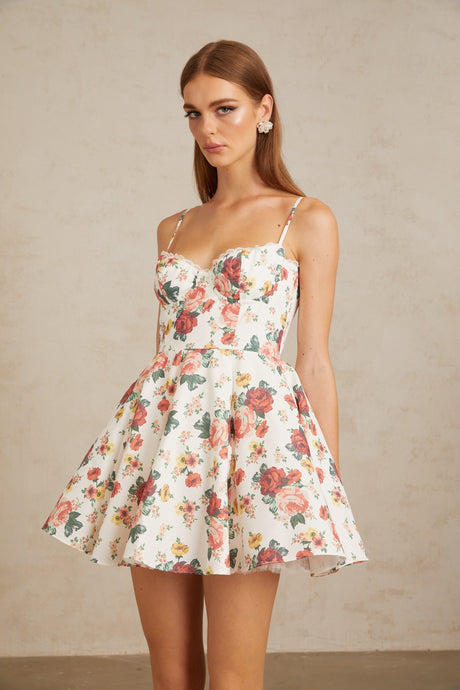 Aurohaya Airelle White Flounced Rose Print Mini Dress