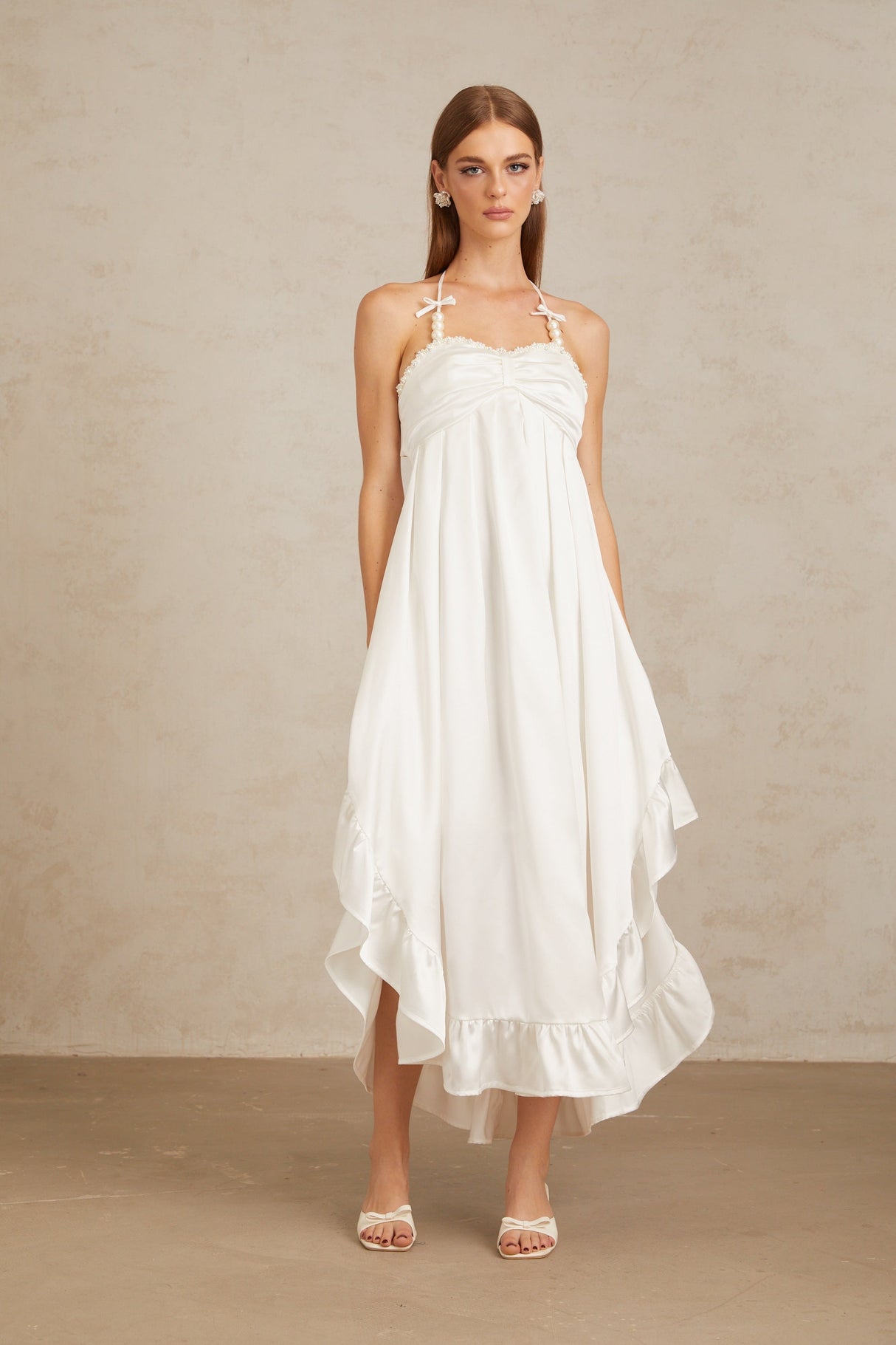 Aurohaya Nocturne White Ruffled Satin Midi Dress