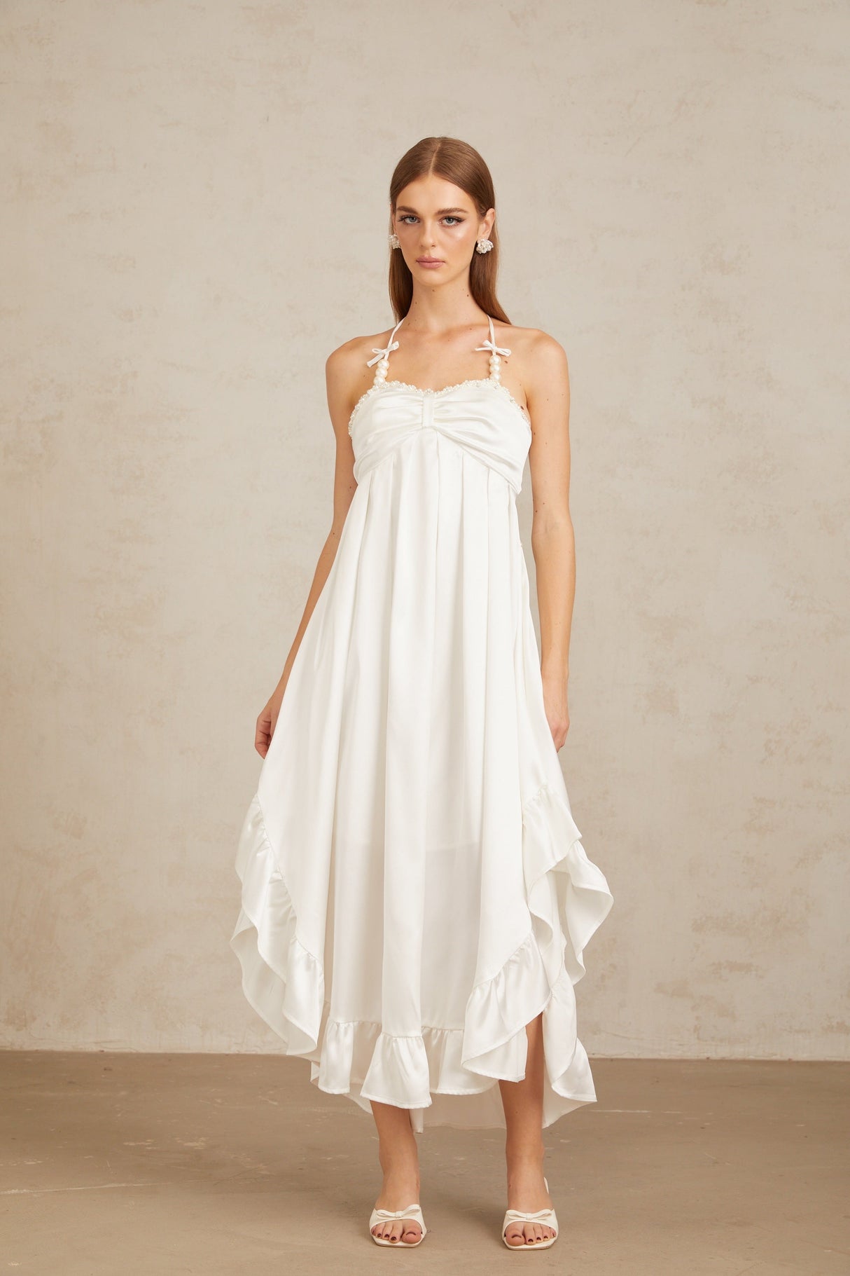 Aurohaya Nocturne White Ruffled Satin Midi Dress