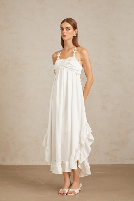 Aurohaya Nocturne White Ruffled Satin Midi Dress