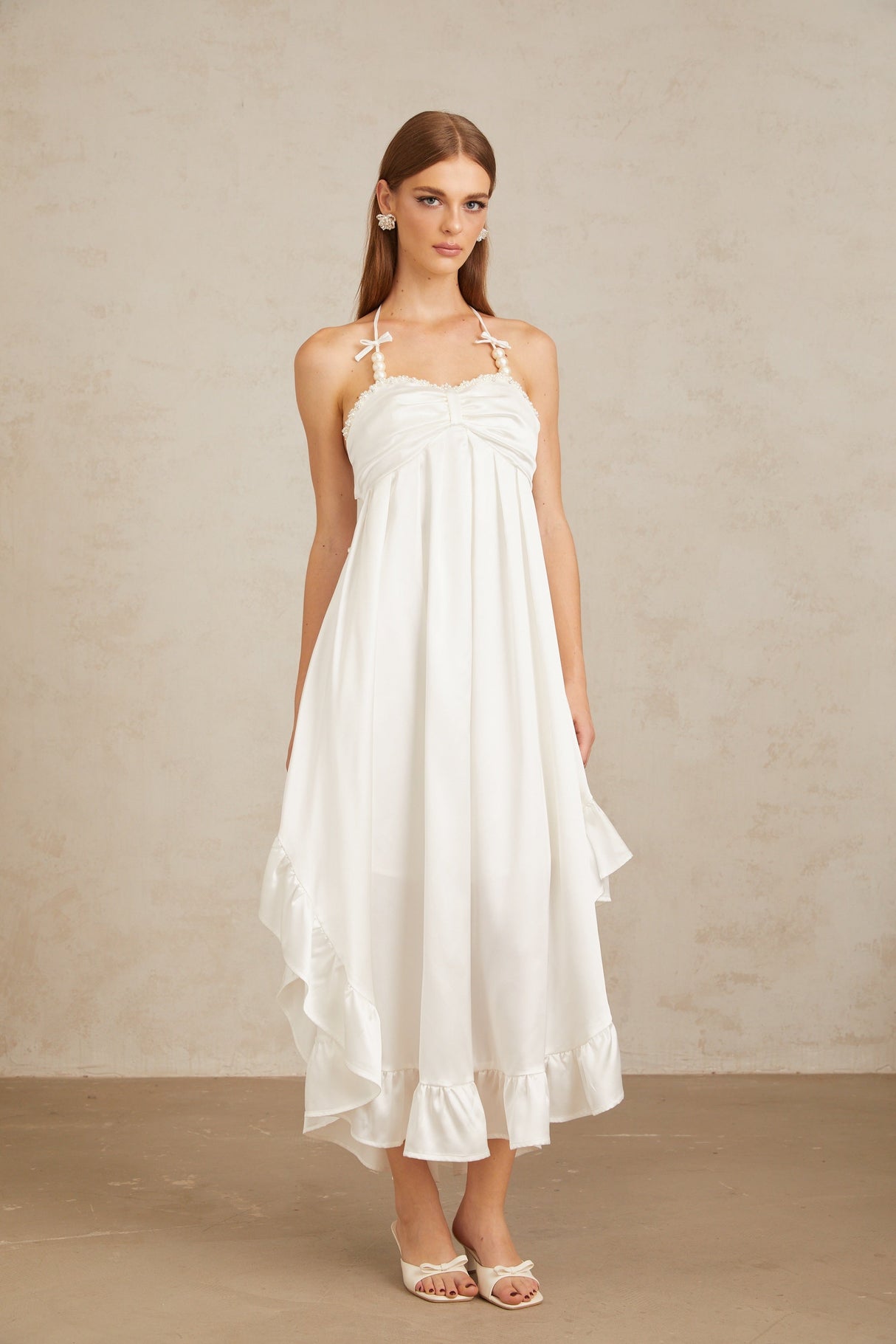 Aurohaya Nocturne White Ruffled Satin Midi Dress