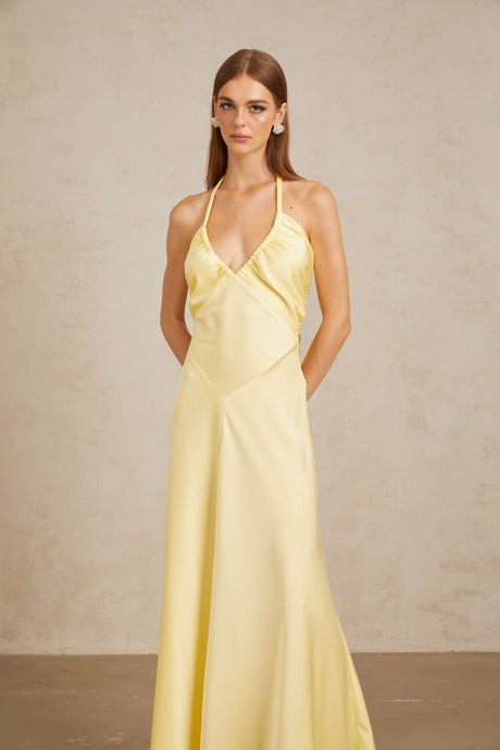 Aurohaya Hannele Yellow Self-Tie Halterneck Maxi Dress