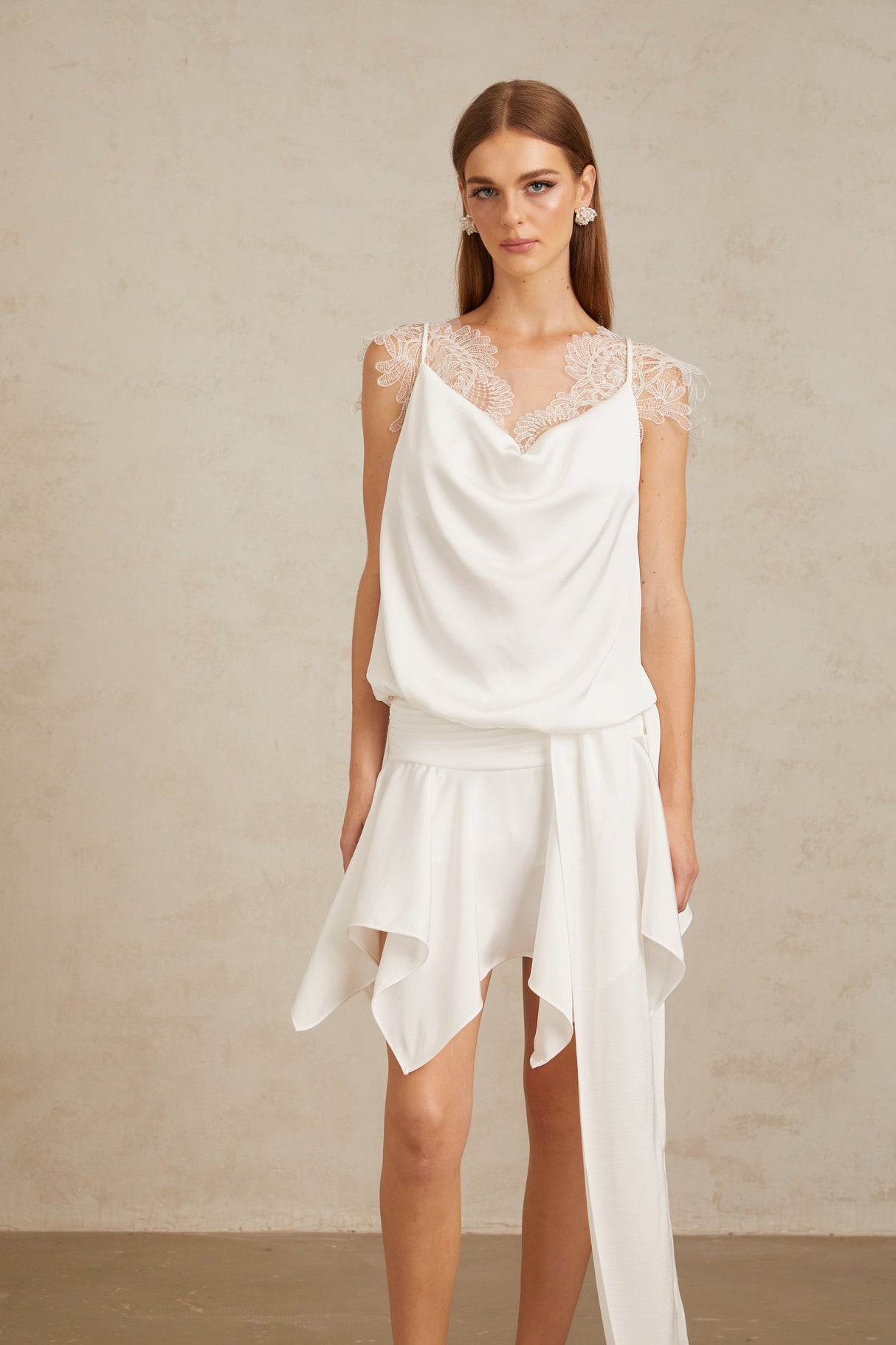 Aurohaya Thérèse White Draped Lace Panel Mini Dress