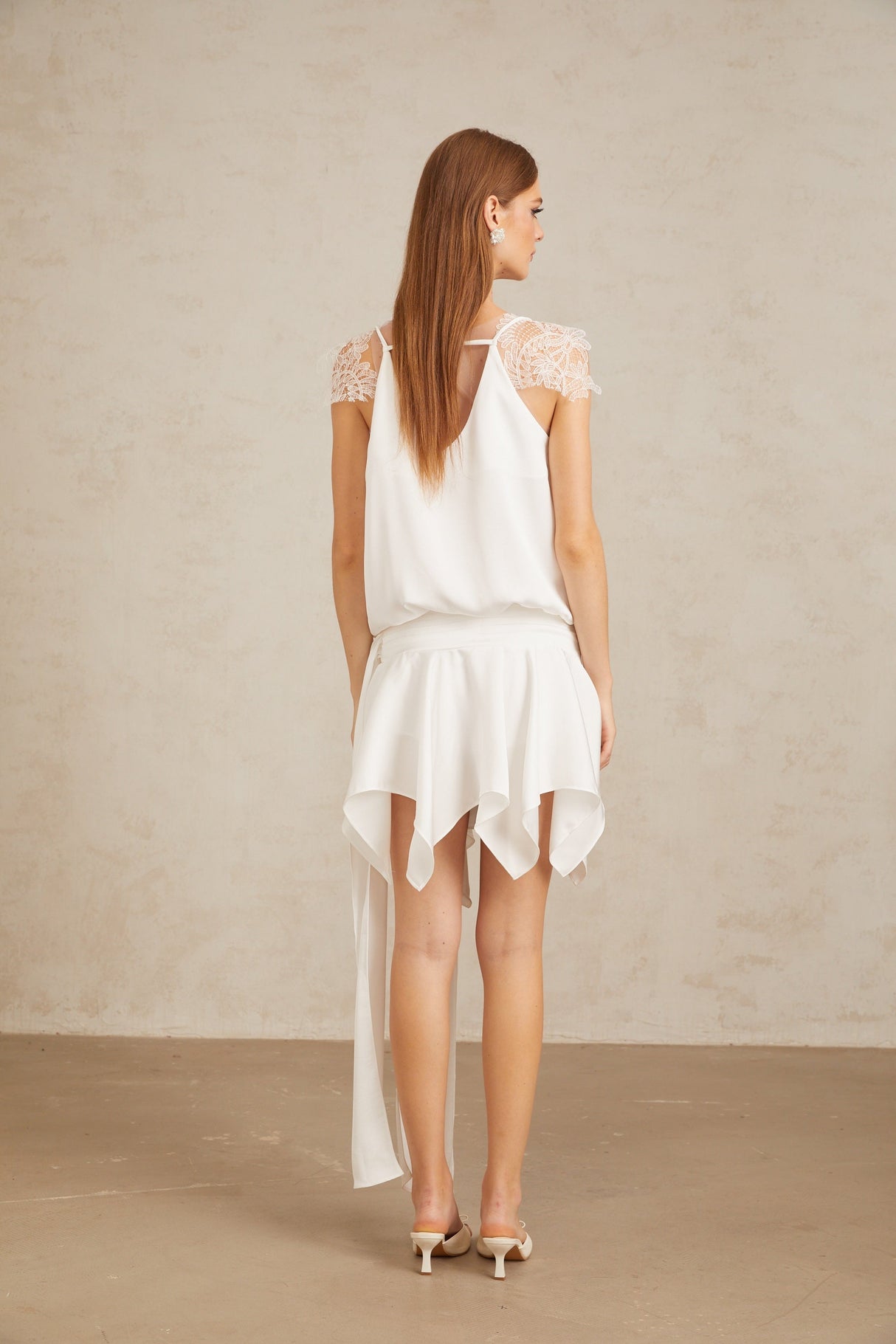Aurohaya Thérèse White Draped Lace Panel Mini Dress