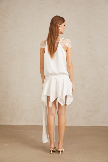 Aurohaya Thérèse White Draped Lace Panel Mini Dress