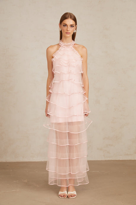 Aurohaya Nonchalante Pink Tiered Halterneck Maxi Dress