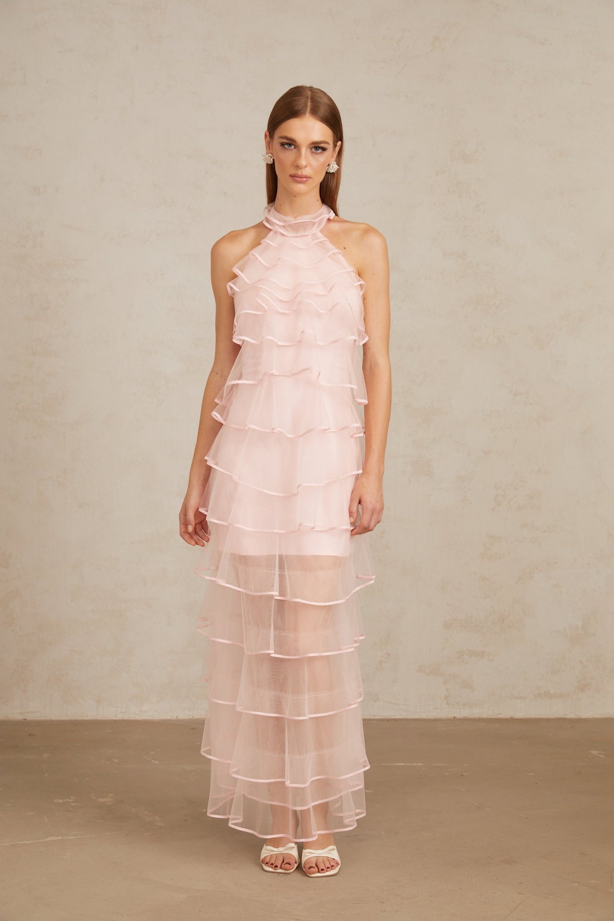 Aurohaya Nonchalante Pink Tiered Halterneck Maxi Dress