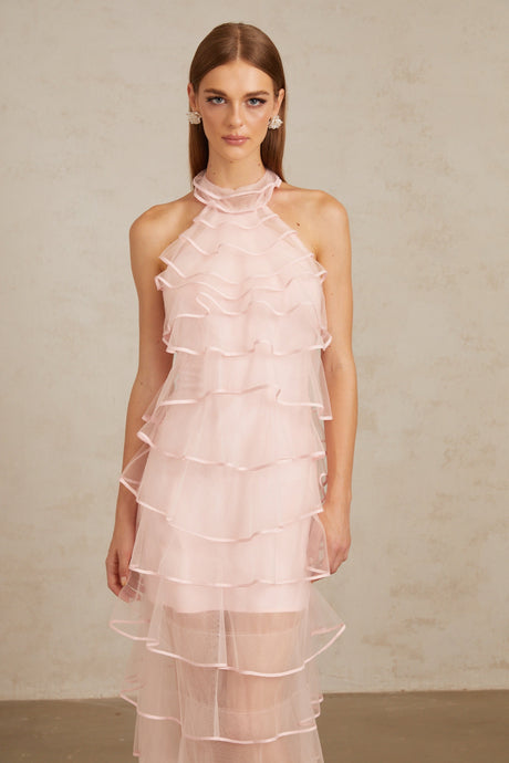 Aurohaya Nonchalante Pink Tiered Halterneck Maxi Dress