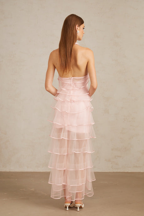 Aurohaya Nonchalante Pink Tiered Halterneck Maxi Dress
