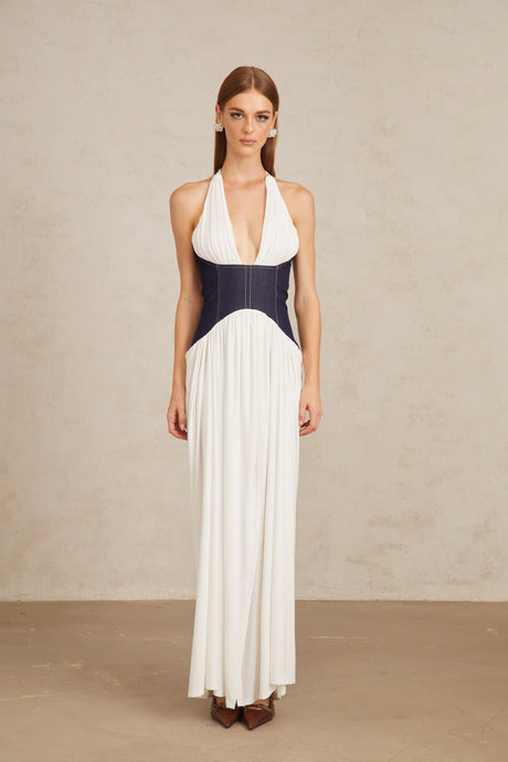 Aurohaya Airi White Halterneck Denim Panel Maxi Dress