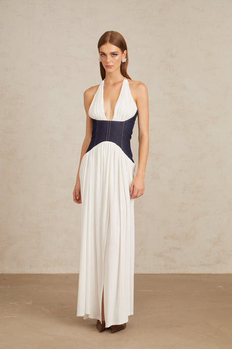 Aurohaya Airi White Halterneck Denim Panel Maxi Dress