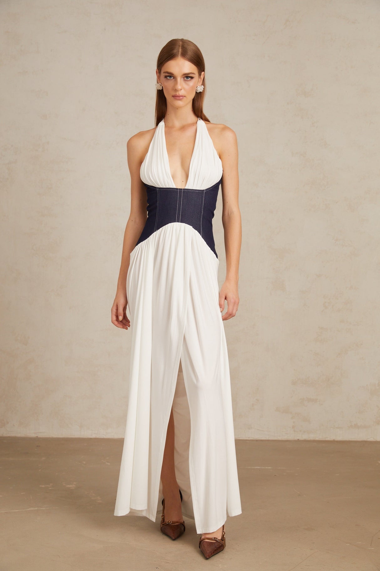 Aurohaya Airi White Halterneck Denim Panel Maxi Dress