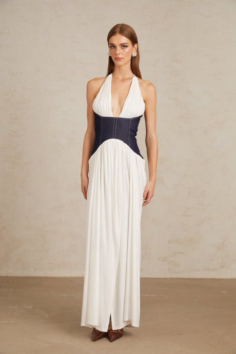 Aurohaya Airi White Halterneck Denim Panel Maxi Dress