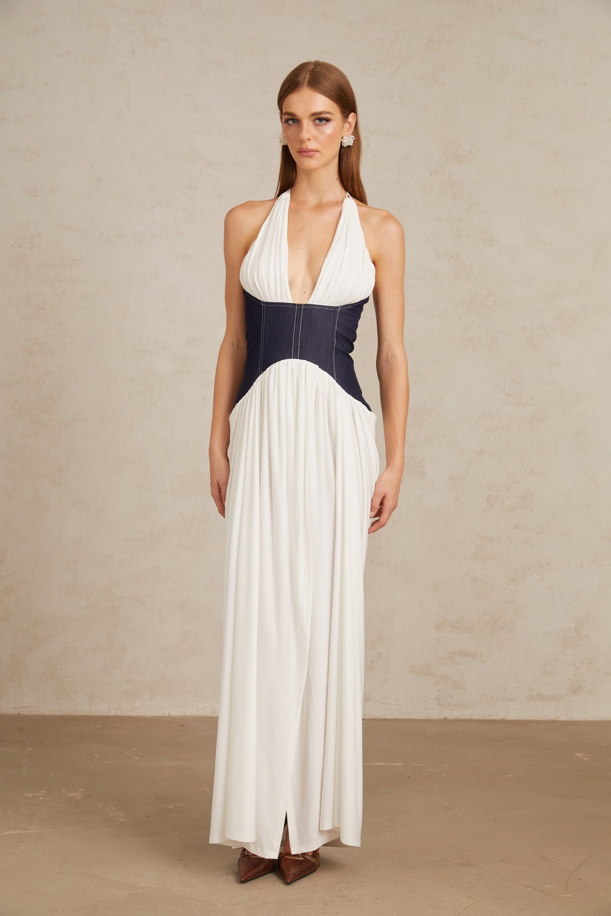 Aurohaya Airi White Halterneck Denim Panel Maxi Dress