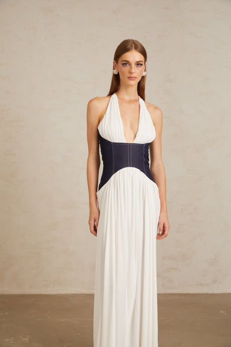 Aurohaya Airi White Halterneck Denim Panel Maxi Dress