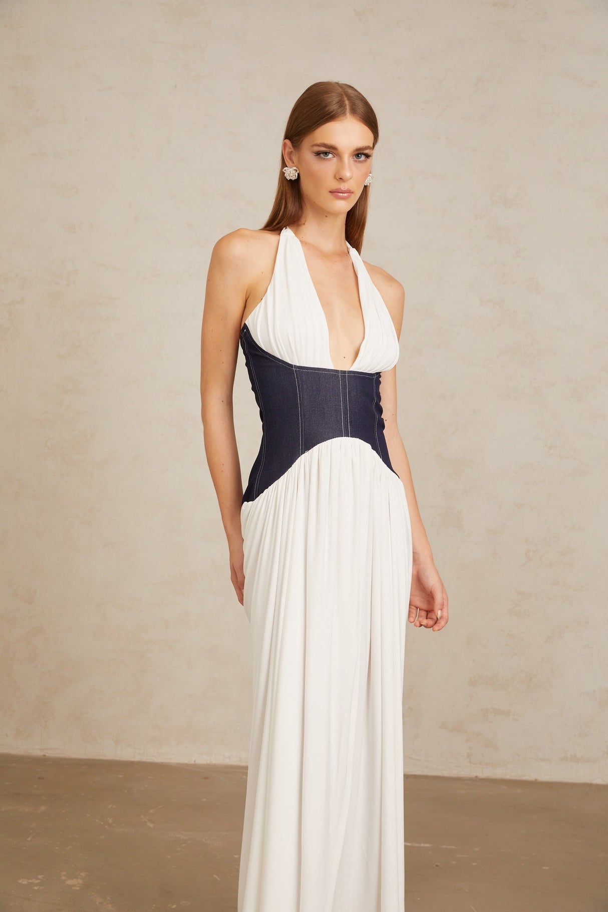 Aurohaya Airi White Halterneck Denim Panel Maxi Dress