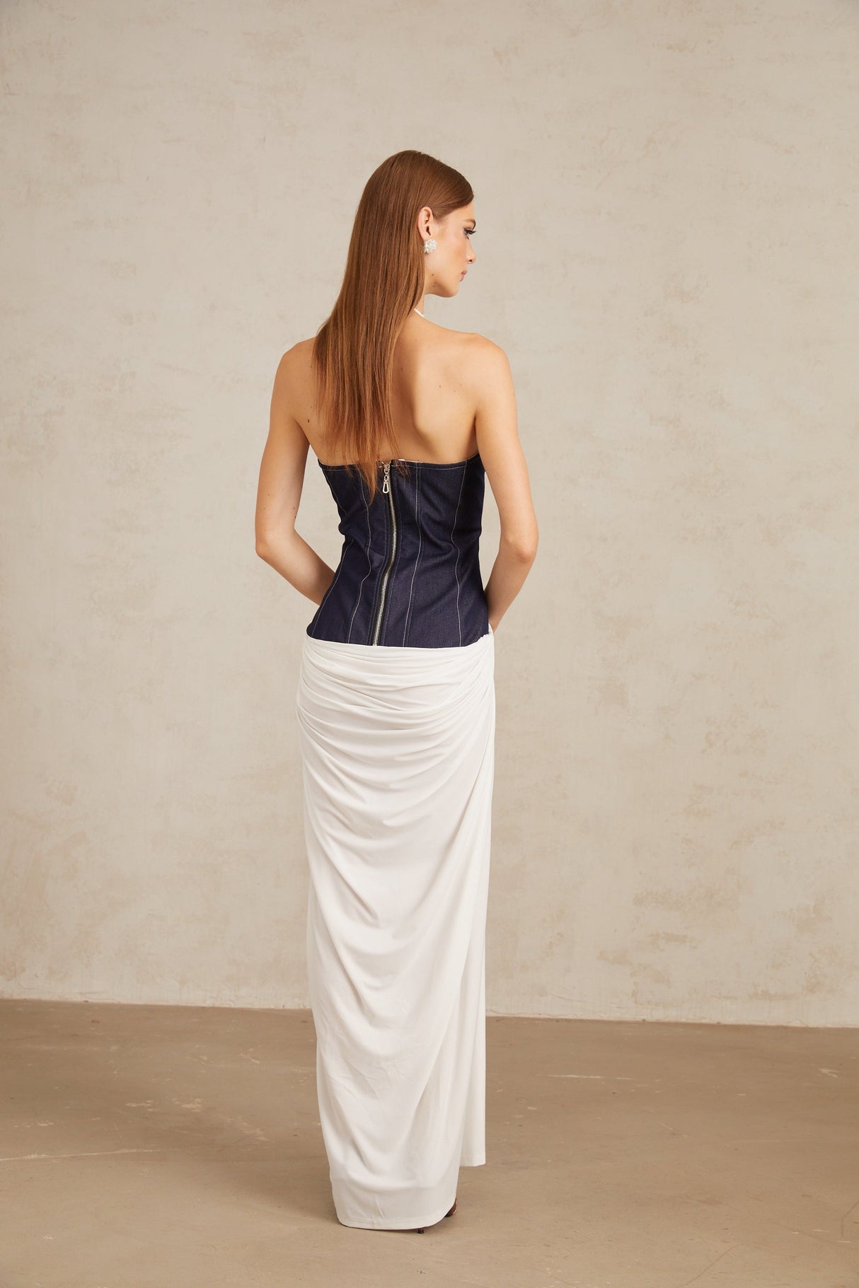 Aurohaya Airi White Halterneck Denim Panel Maxi Dress