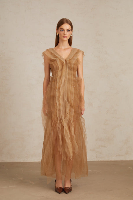 Aurohaya Céleste Brown Layered Tulle Maxi Gown