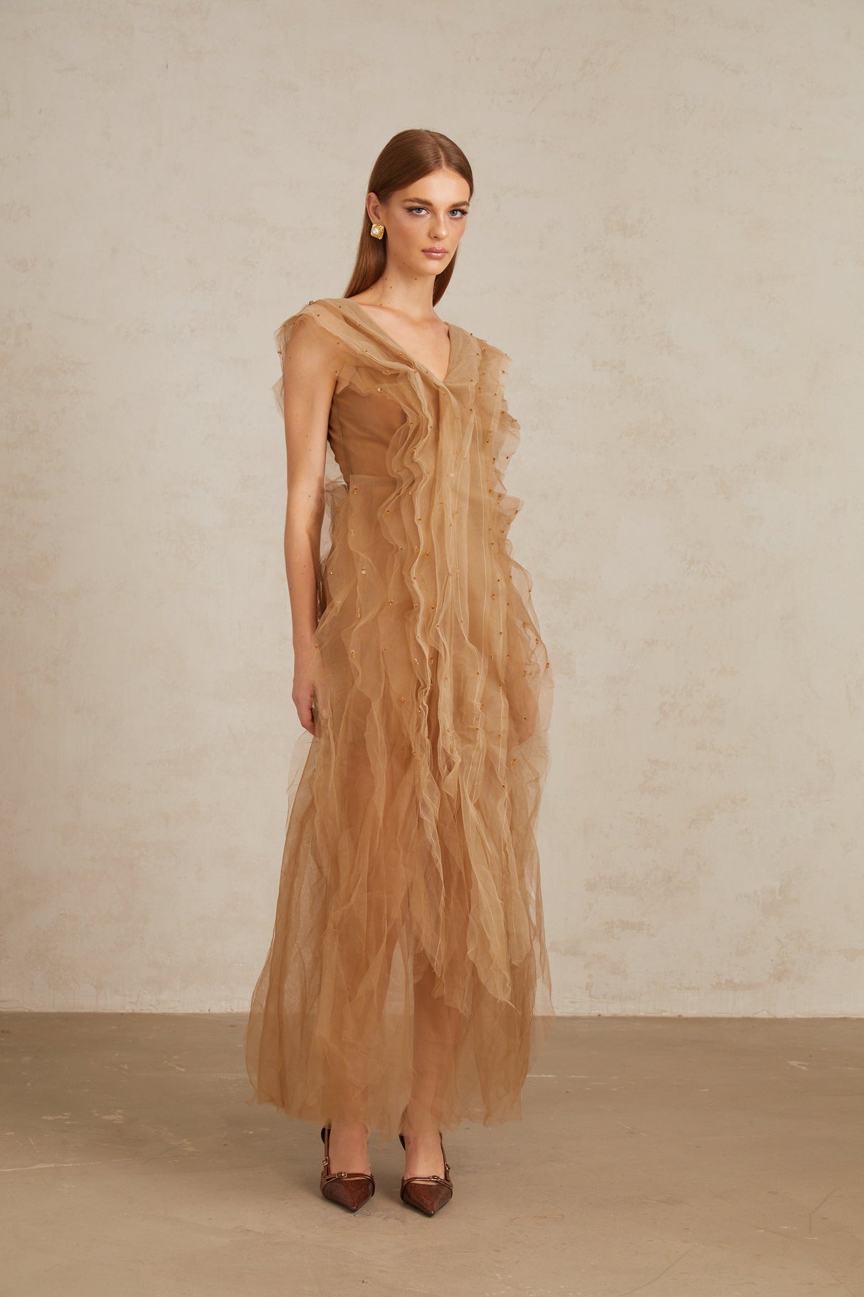 Aurohaya Céleste Brown Layered Tulle Maxi Gown