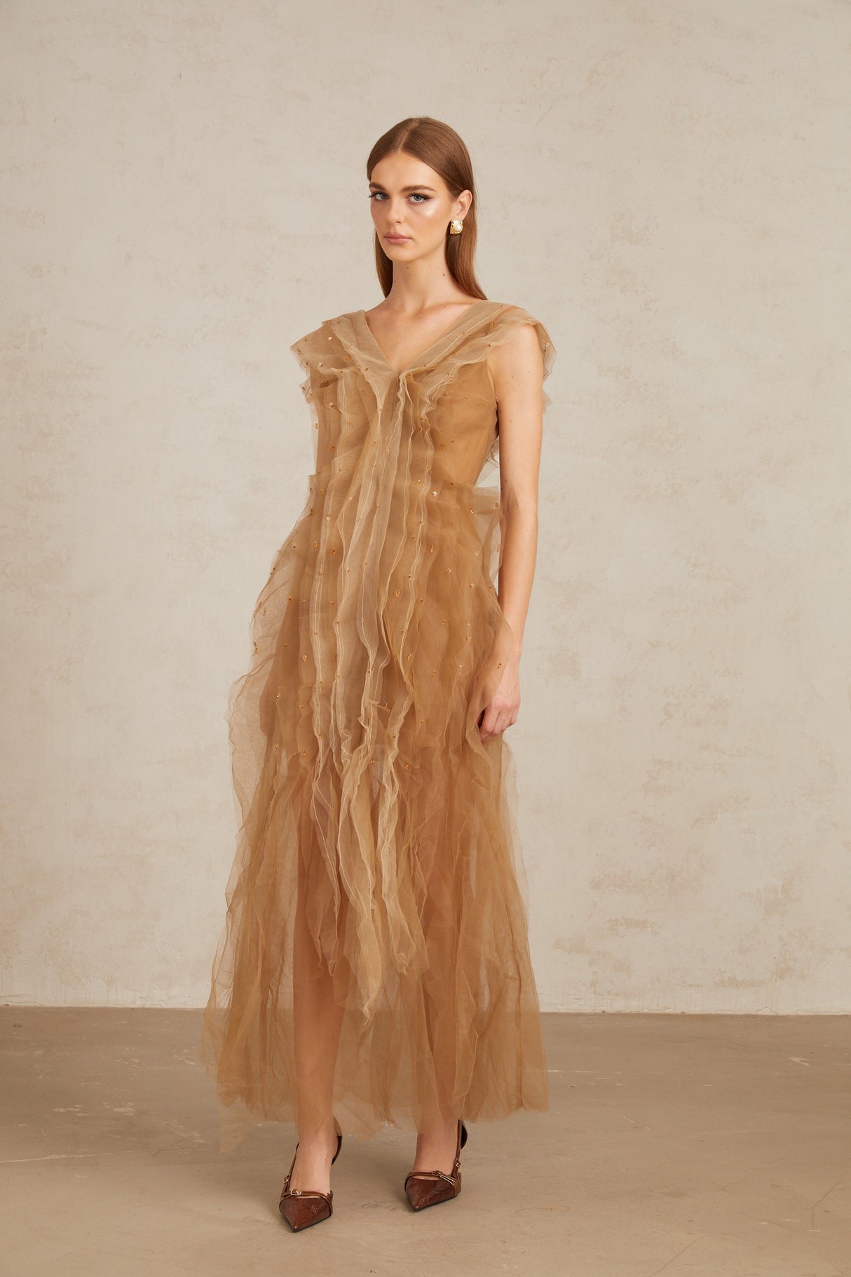 Aurohaya Céleste Brown Layered Tulle Maxi Gown