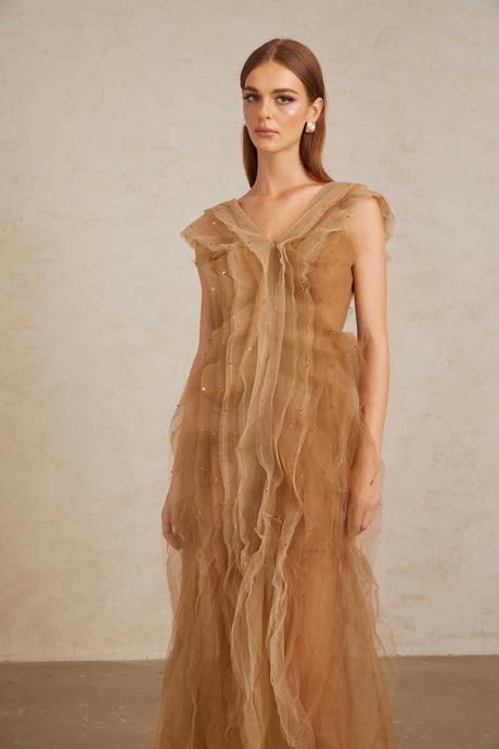 Aurohaya Céleste Brown Layered Tulle Maxi Gown
