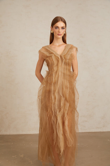 Aurohaya Céleste Brown Layered Tulle Maxi Gown