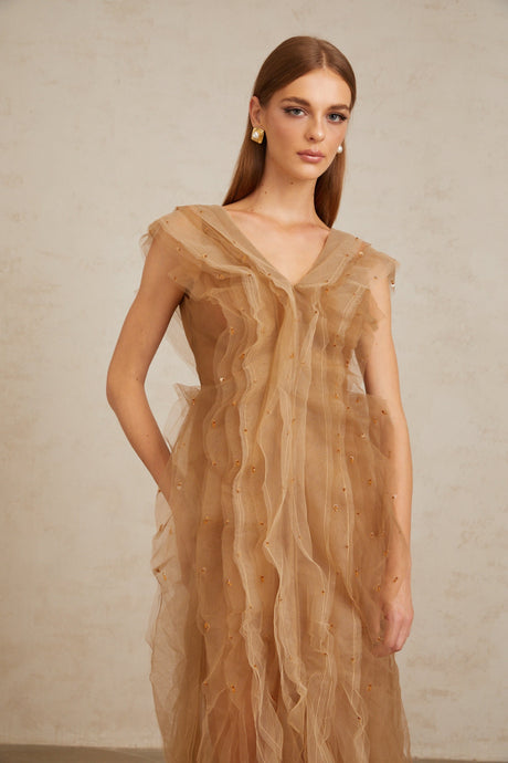 Aurohaya Céleste Brown Layered Tulle Maxi Gown