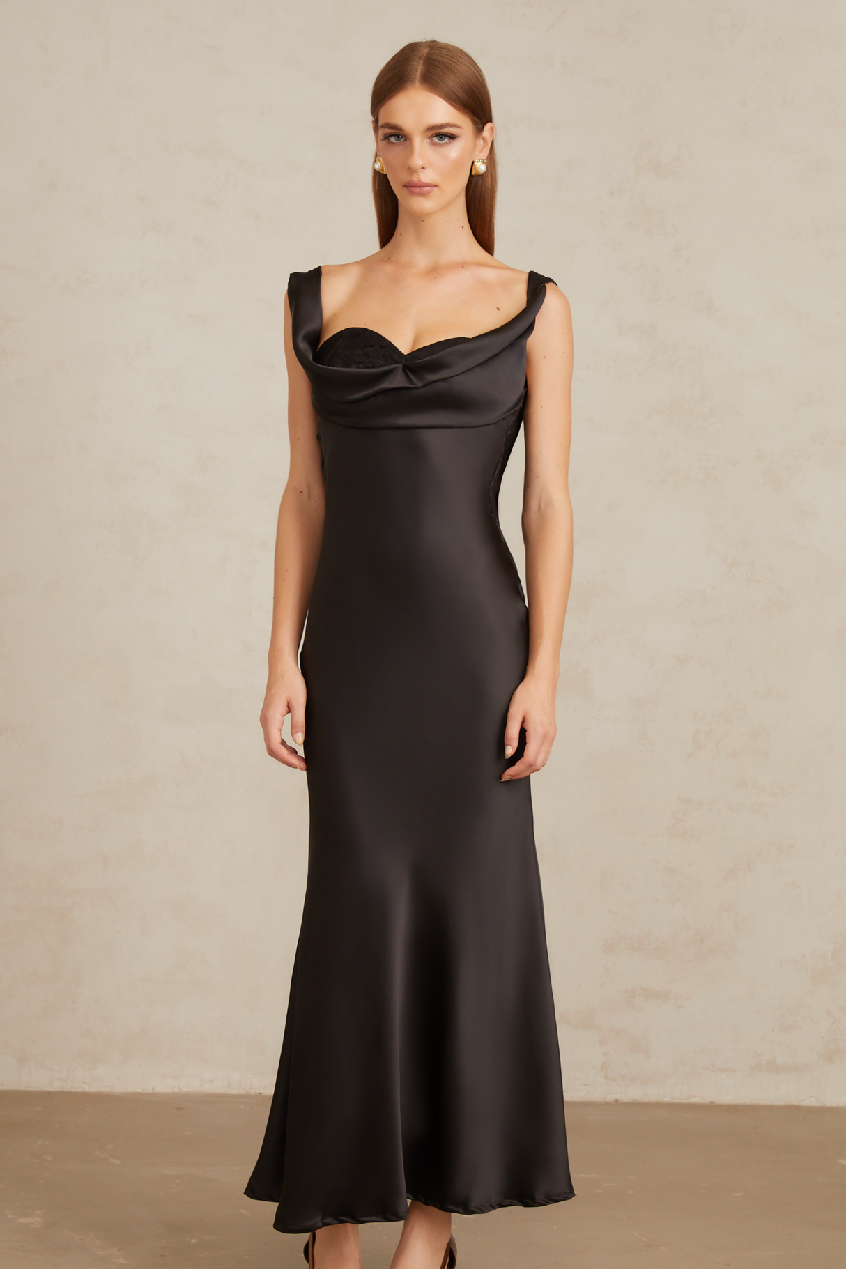 Aurohaya Ulla Black Corset Satin Maxi Dress