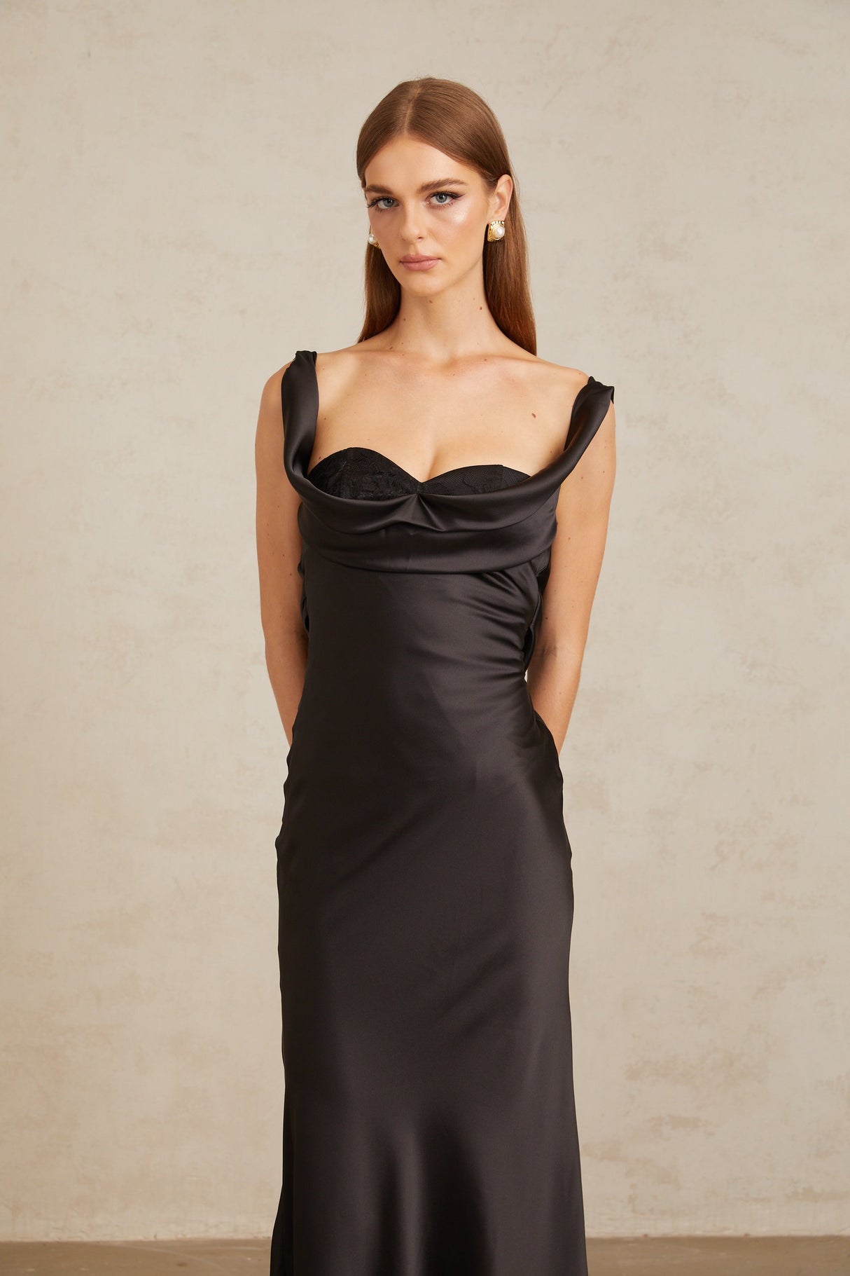 Aurohaya Ulla Black Corset Satin Maxi Dress