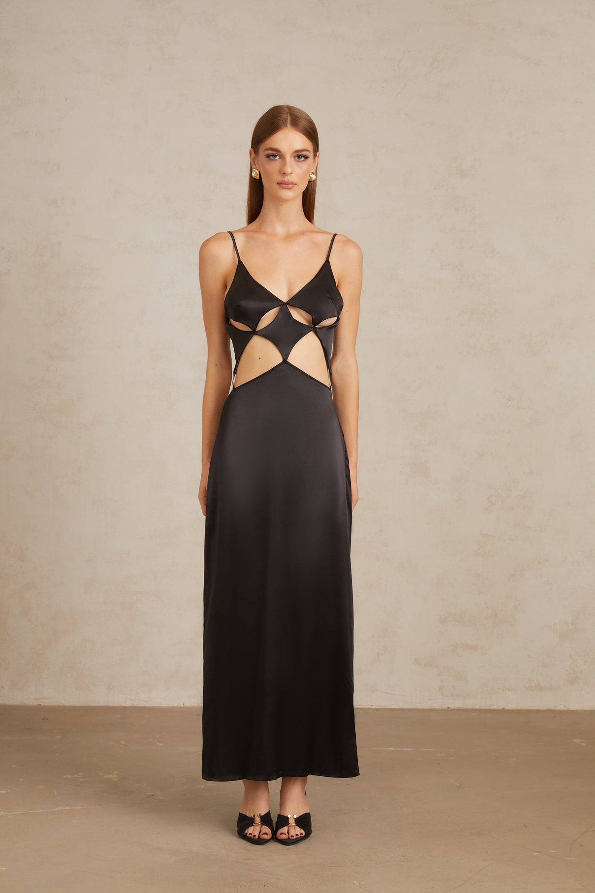 Aurohaya Noire Black Tie-Detail Cutout Maxi Gown