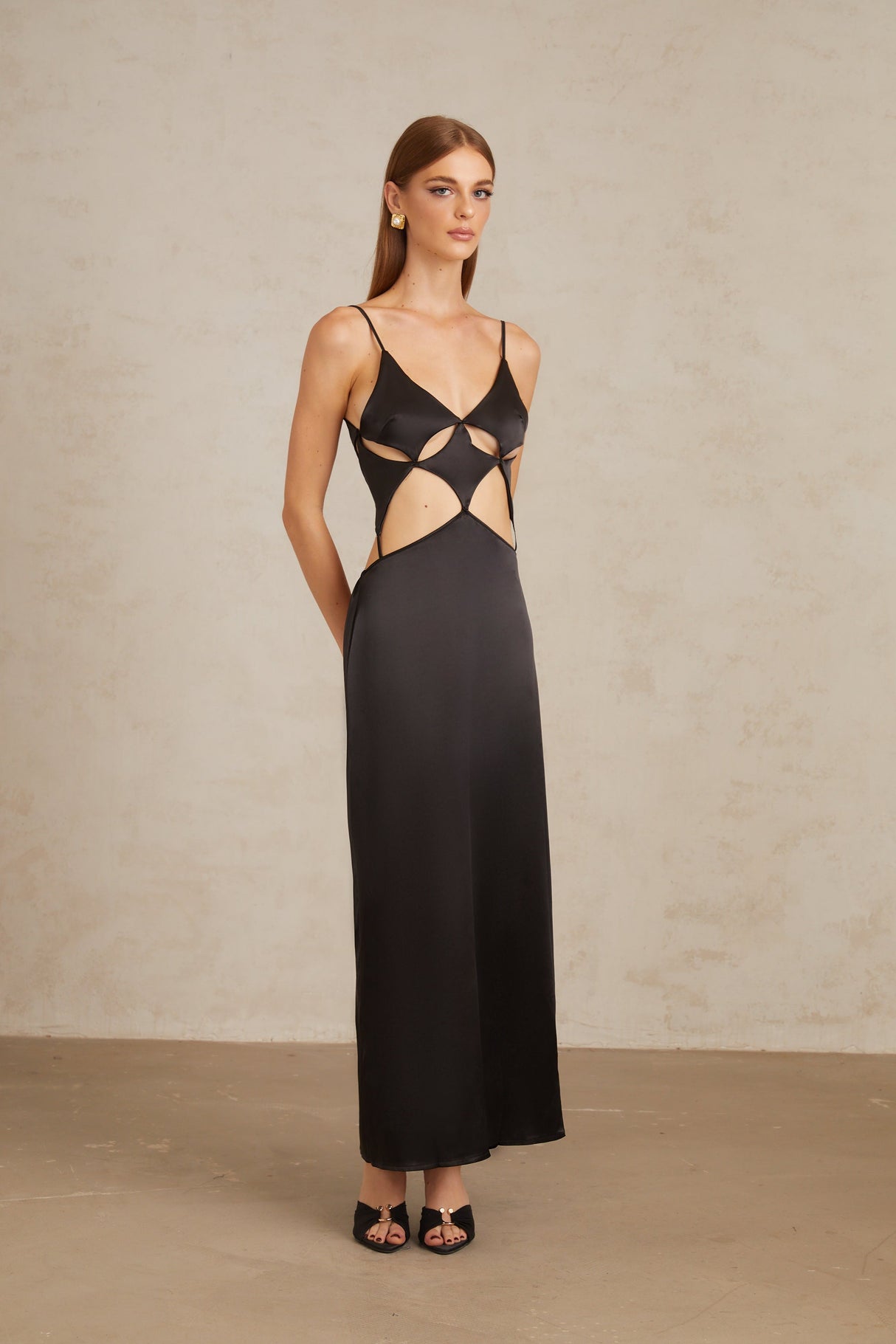Aurohaya Noire Black Tie-Detail Cutout Maxi Gown
