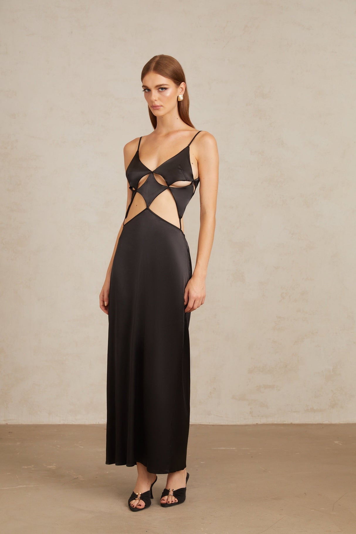 Aurohaya Noire Black Tie-Detail Cutout Maxi Gown