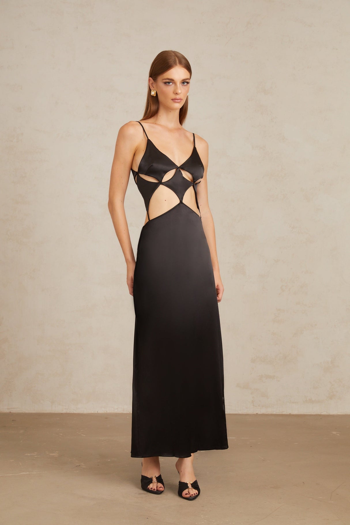 Aurohaya Noire Black Tie-Detail Cutout Maxi Gown
