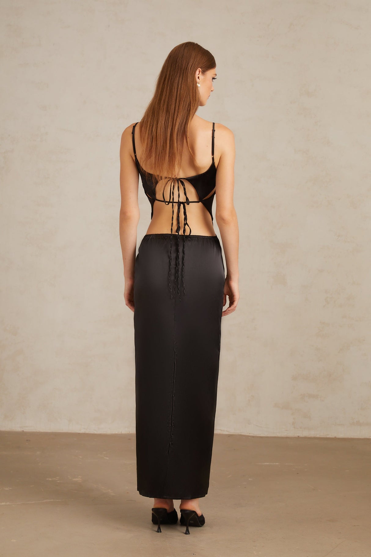 Aurohaya Noire Black Tie-Detail Cutout Maxi Gown