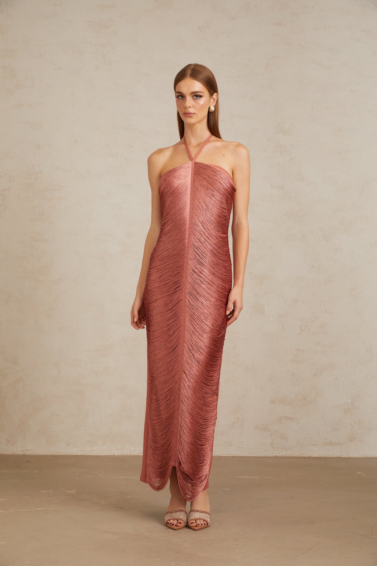 Aurohaya Polliana Pink Fringed Corset Maxi Gown