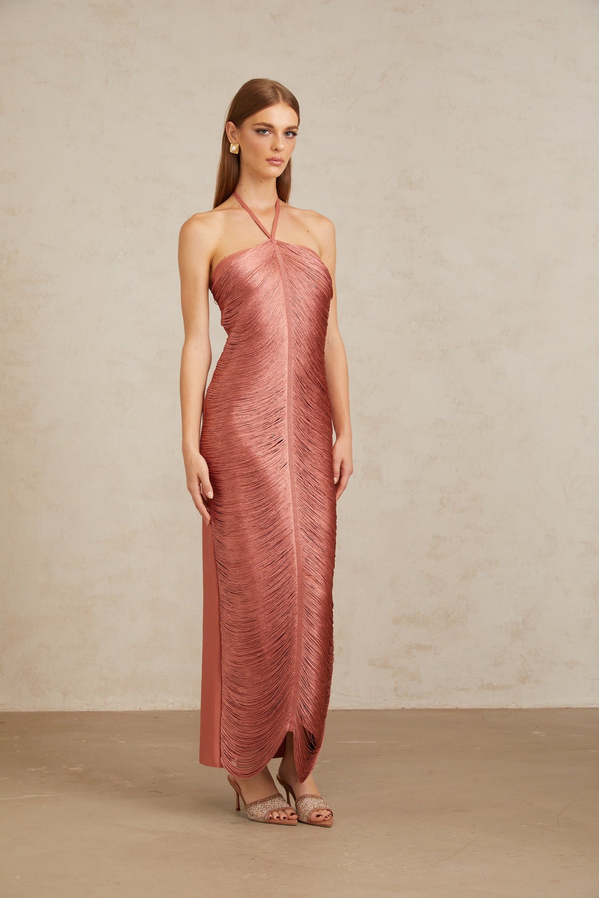 Aurohaya Polliana Pink Fringed Corset Maxi Gown