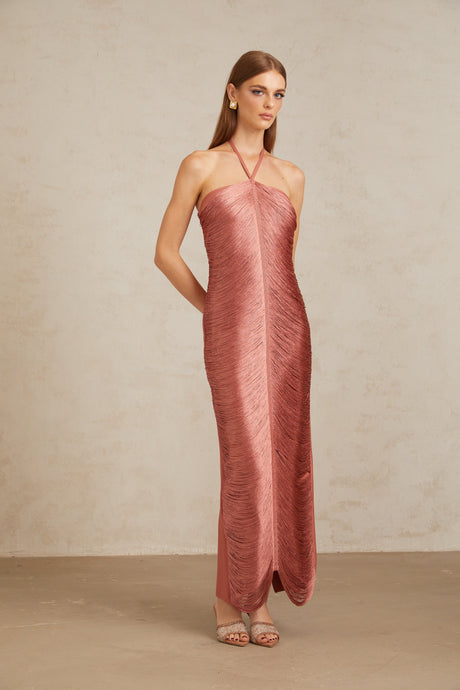 Aurohaya Polliana Pink Fringed Corset Maxi Gown